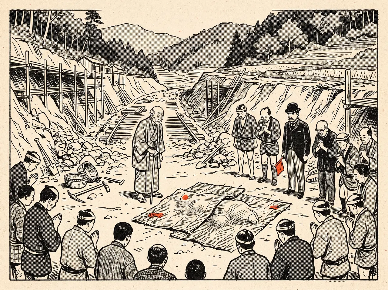 明治の切通し工事場。筵の掛かった骨の前で、杖をついた老人が人夫たちに語っている