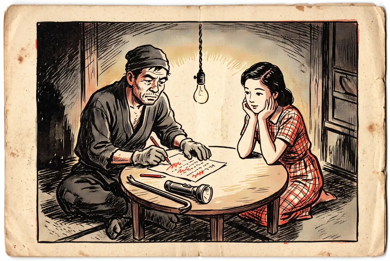 裸電球の下、卓袱台を挟んで遺書に赤鉛筆を入れる泥棒と、頬杖をついてそれを見る若い女