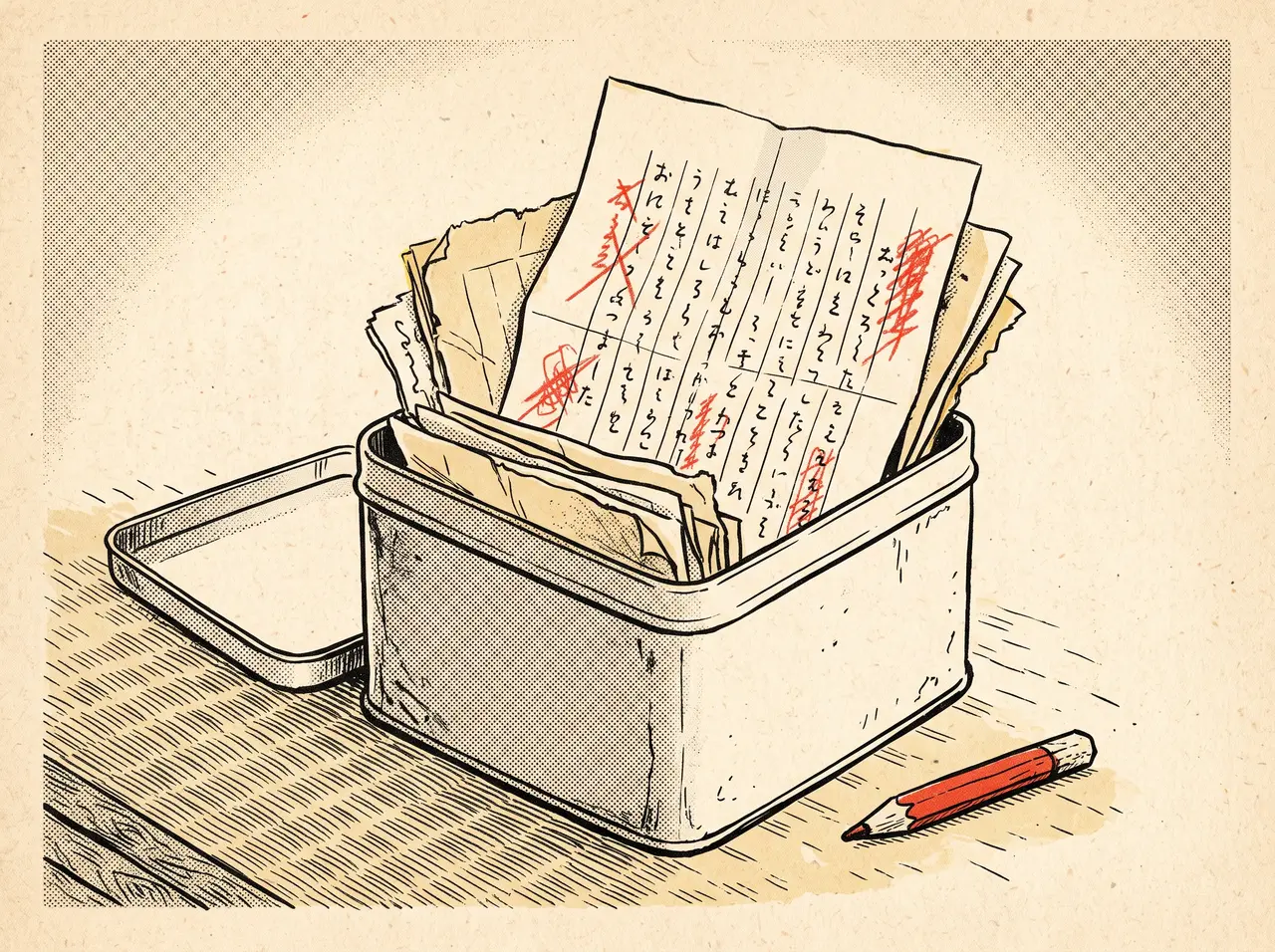 折り畳まれた遺書がぎっしり詰まった古い海苔の缶。いちばん上の一枚には赤鉛筆の書き込みが残る