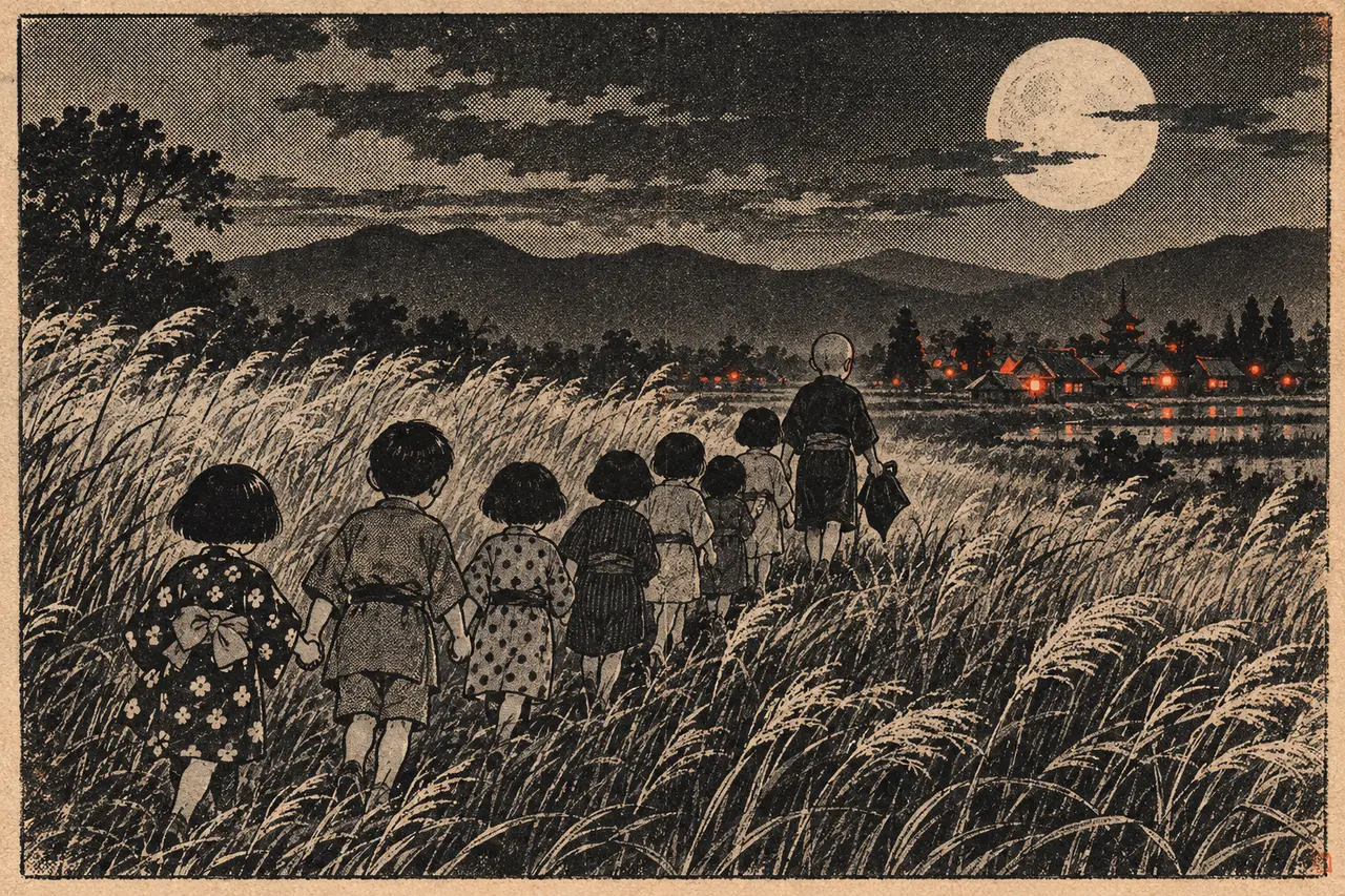 月夜の野原を、手をつないで遠くの村の明かりへ歩いていく子どもたちの行列。先頭に頭巾を脱いだ坊主頭の少年