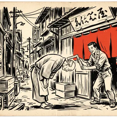 闇市の小店の前で水平に最敬礼する老店主。その背中に大工が曲尺を当て、弟子が暖簾の陰から見ている