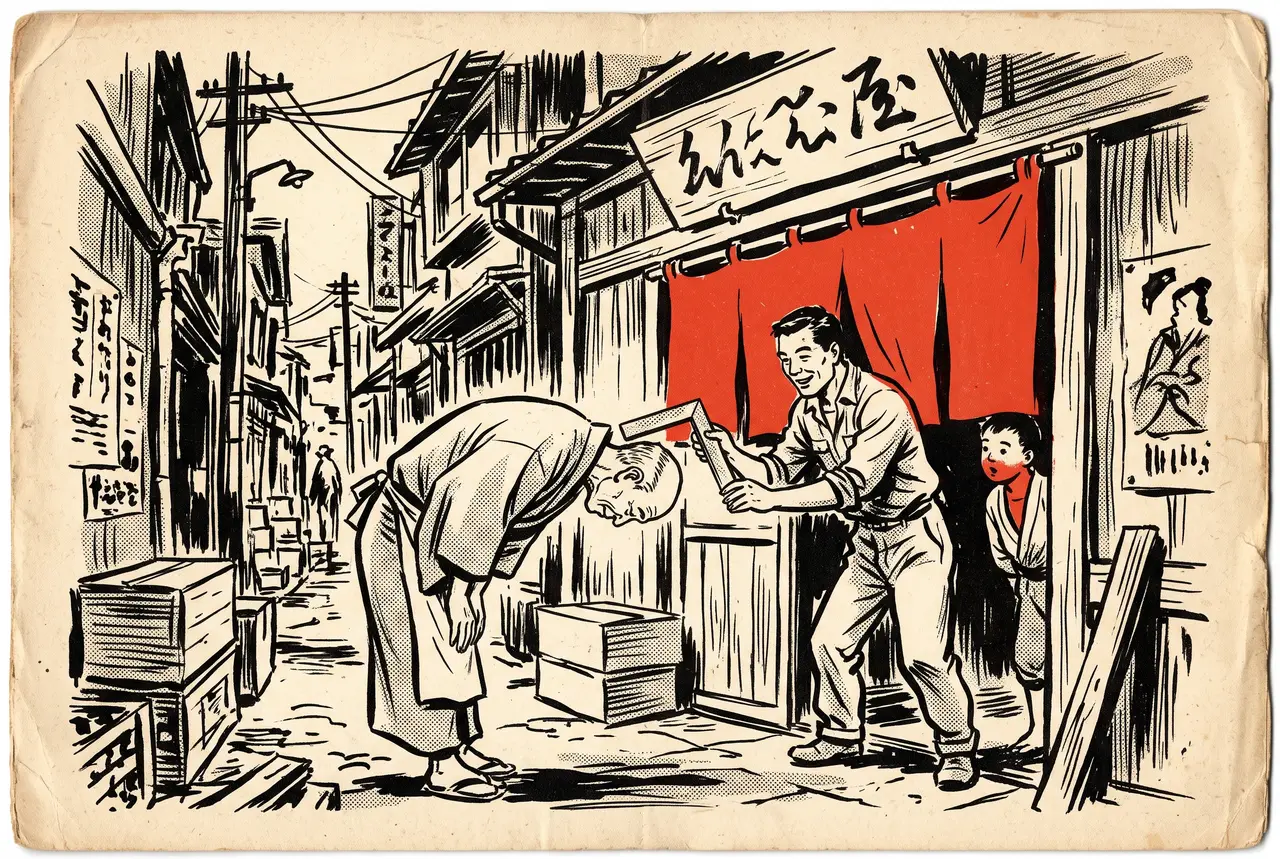 闇市の小店の前で水平に最敬礼する老店主。その背中に大工が曲尺を当て、弟子が暖簾の陰から見ている