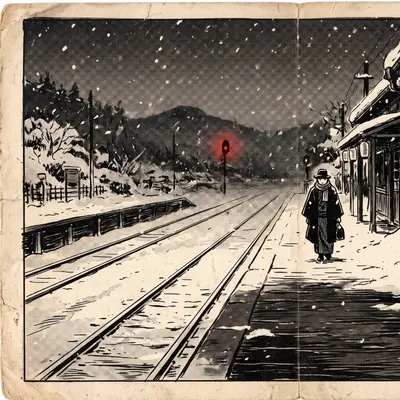 雪の降りしきる夕暮れの田舎の停車場。無人のホームに外套の人影がひとつ、遠くに朱色の信号燈がひとつ灯っている
