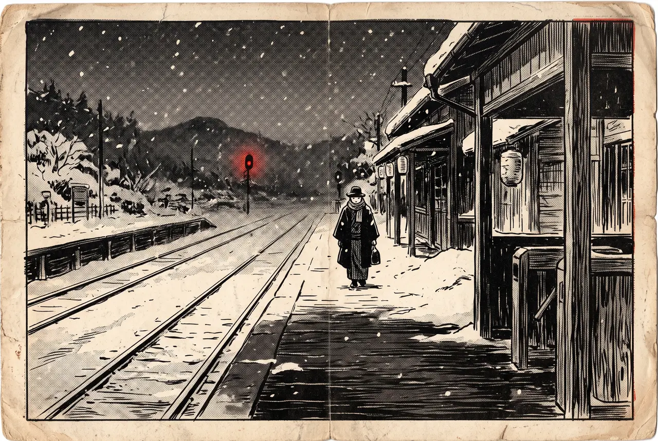 雪の降りしきる夕暮れの田舎の停車場。無人のホームに外套の人影がひとつ、遠くに朱色の信号燈がひとつ灯っている