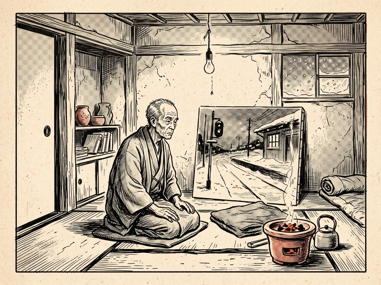 粗末な長屋の部屋。壁に立てかけた燈の消えた停車場の絵の前に老画家が端座し、傍らの火鉢の熾だけが朱い